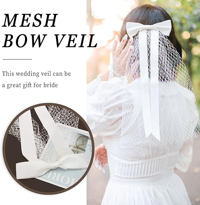 Bridal Veil Bachelorette Party Veil White Bow Wedding Veil Elegant Tulle Layer Hair Clip for Women and Girls