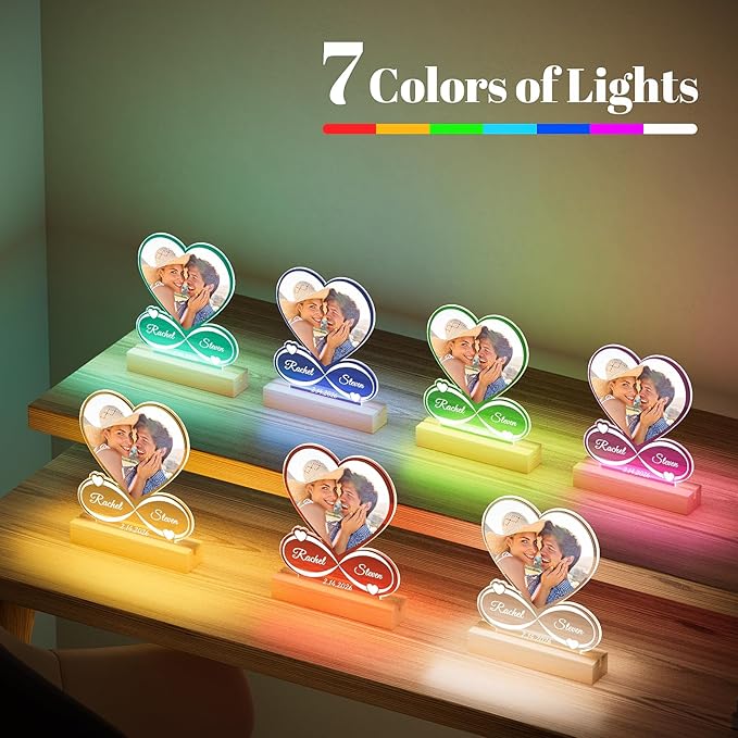 Custom Picture Frames with Photo, Custom Photo Frame with Night Light, Personalized Picture Frame, Personalized Anniversary Couple Gifts for Women Men Him Her Girlfriend Boyfriend Wife