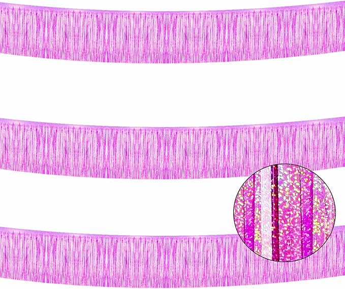 3 Pack Total 30 Feet Foil Fringe Garland Lilac Purple Metallic Wall Hanging Drapes Tassel Skirting Tinsel Streamers for Parade Float Trailer Birthday Wedding Party (Iridescent Purple)