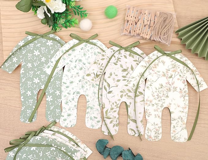 8pcs Neutral Baby Shower Bunting - Green Baby Pajamas with Ribbon Bows, Gender-Revealing Neutral Party Supplies, Clothesline Birthday Party Banner (Baby Shower Banner Green)