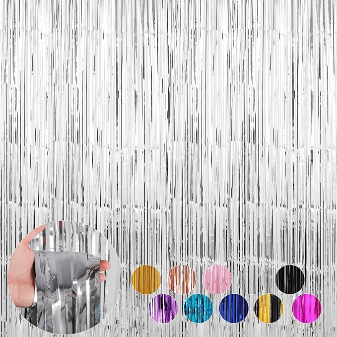 4 Pack Silver Foil Fringe Curtains Door Streamers Party Decorations 3.3 x 8.2 ft, Tinsel Curtain Fringe Backdrop for Parties, Door Fringe Birthday Streamers, Photo Booth Backdrops, Party Decor