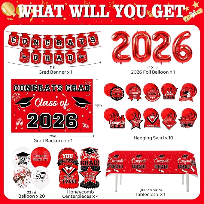 Graduation Decorations 2026, Class of 2026 Backdrop, Banner, 2026 Foil Balloons, Tablecloth, Hanging Swirls, Honeycomb Centerpieces, Party Supplies Decorations Set for College (RED)