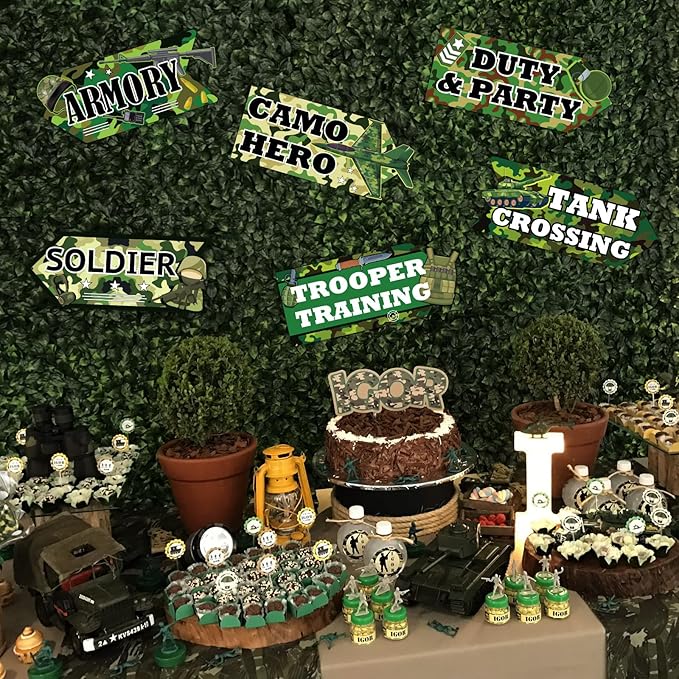 Hooqict 20 Pieces Camo Party Signs Army Birthday Party Decorations Camouflage Military Birthday Party Supplies for Boys Men Army Themed Directional Sign