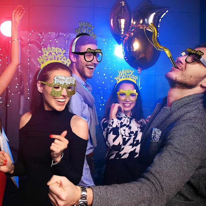 108 Pcs New Years Eve Party Supplies 2026 Fancy New Year Glasses Gold Noise Maker Headband NewYear Celebration Black Silver and Gold Party Favor for Happy NewYear Gift Accessories Decoration