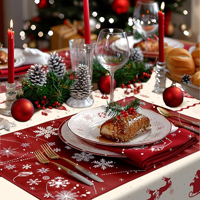 Childom Christmas Disposable Tablecloth,2 Pack Plastic Christmas Tablecloths for Rectangle Tables,54 x 108 Inch,Xmas Beige Reindeer Tablecloths for Xmas Table Decorations Indoor,Outdoor,Parties