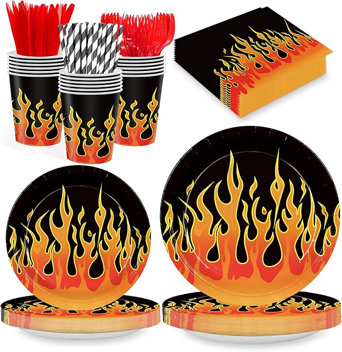 168PCS Flame Racing Party Supplies for Kids Boys Fire Plates and Napkins for Birthday Party Decorations Motorcycle Themed Baby Shower Paper Plates Tableware 24 Guests