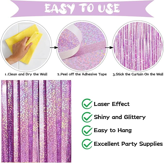 Light Purple Fringe Curtain Backdrop, 2 Pack Tinsel Foil Fringe Curtains Party Decorations Streamers, Xmas Light Purple Metallic Glitter Backdrop for Birthday Wedding Bridal Shower Photo Booth