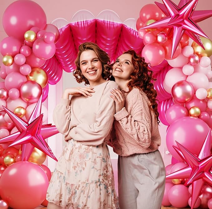 Metallic Magenta Hot Pink Flat Square Foil Balloons Backdrop Wall, Double Sided Tunnel with Latex Pink Balloon Arch Garland Kit for Valentine's Day Anniversary Bridal Wedding Birthday Party Decoration
