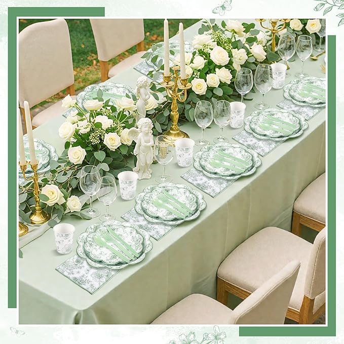 175 Pcs Sage Green Floral Plates and Napkins 25 Guest Scalloped Toile Chinoiserie Party Supplies Includes Floral Plates Napkins Cups Plastic Cutlery for Wedding, Bridal&Baby Shower, Tea Party