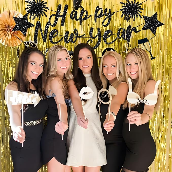 Happy New Year Banner Black New Years Decorations 2026 Glitter Pre-Strung New Year Eve Sign for NYE Party Supplies