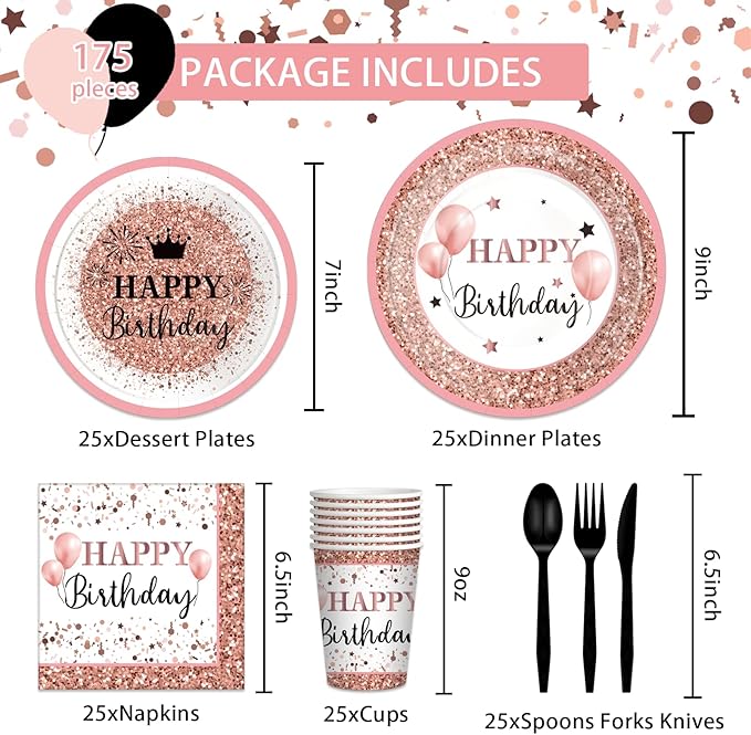 175-Piece Pink Rose Gold Birthday Party Supplies for 25 Guests – Disposable Plates, Cups, Napkins & Cutlery Set, Elegant Princess Party Tableware