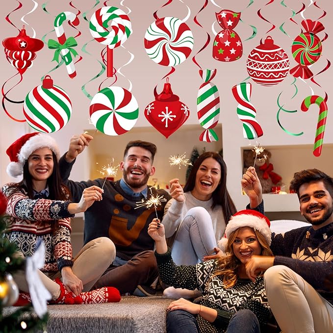 Funrous 56 Pcs Christmas Peppermint Candy Hanging Swirls Decorations Red and White Holiday Party Streamers for Home Winter Holiday Christmas Party Decor(Red White Green)