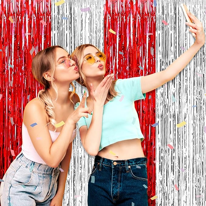 3 Pack Red Silver Foil Fringe Curtain Backdrop, 3.28Ft x 8.2Ft Metallic Tinsel Foil Fringe Streamer Curtains for Photo Booth, Teachers' Day, Halloween, Birthday, Wedding Party Decorations