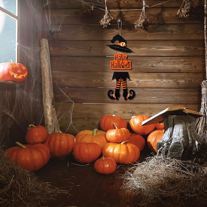 Yerliker Halloween Happy Sign Decoration Witch Legs Hat Hanging Wooden Wall Decor Version Rustic Front Door Hanger Fall Art Ornament for Home Room Indoor Outdoor Holiday Party(Orange)