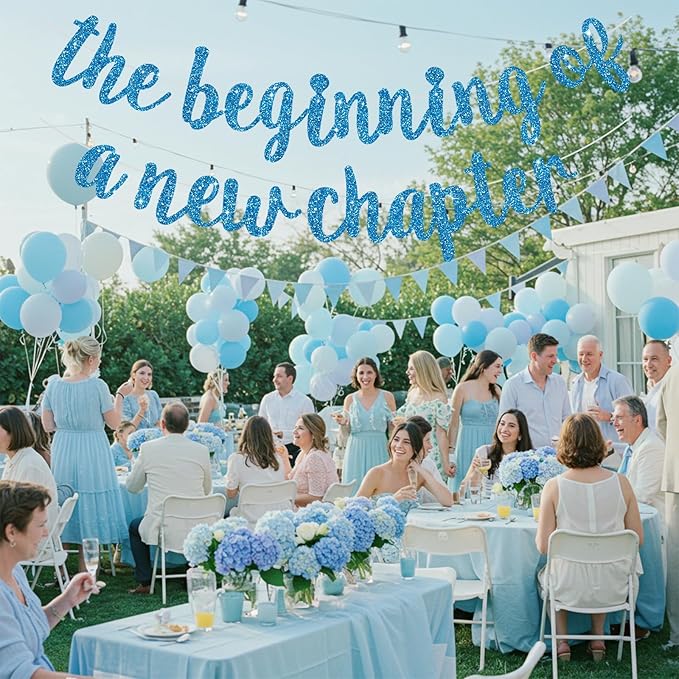 BEISHIDA Glitter Sky Blue The Beginning of A New Chapter Banner,Farewell Book Themed Housewarming Party Congratulations Decorations,Going away party Garland,Graduation Sign 2026 Banner,retirement Supplies