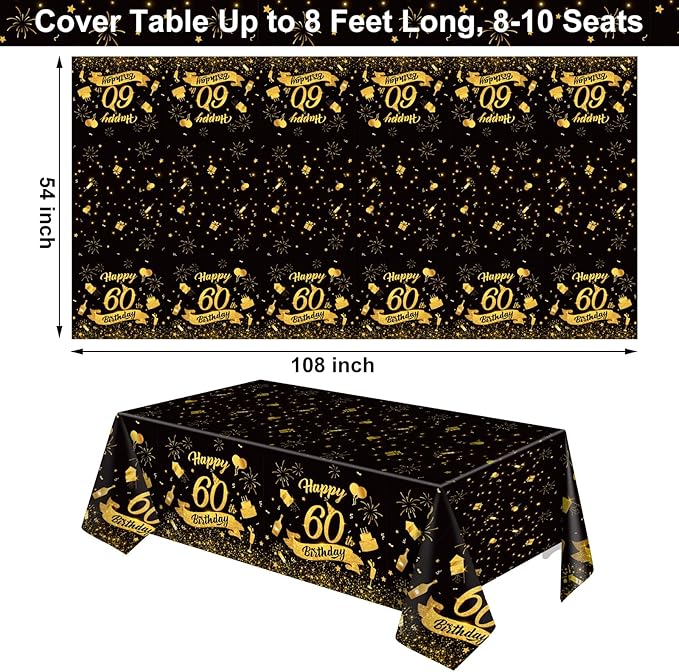 3 Pack 60th Birthday Plastic Tablecloth, 54x108 Inch Black Gold Disposable Rectangle Table Cover Waterproof Table Cloth for Birthday 60 Anniversary Party Supplies