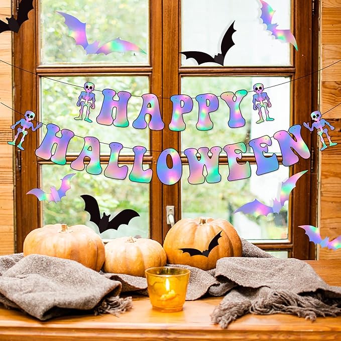 Halloween Iridescent Holographic Bats Party-Decorations Stickers Banner - 17pcs Neon Glitter 3d Paper Rooms Wall Decor,Hotel Transylvania Kids Happy Birthday Hanging Supplies Panduola