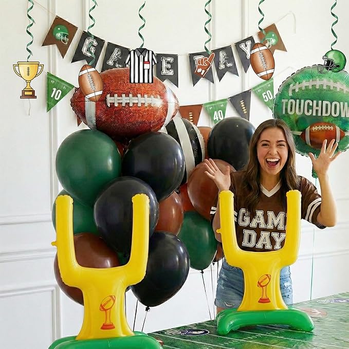 Football Balloons dark green brown black Balloons with Banner Hanging Swirl Goal Post Football Balloons for Sports Birthday Boys first year touch down party decorations