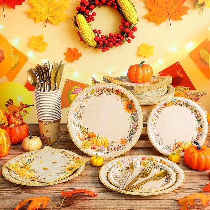 Honeydak 210 Pcs Fall Party Supplies for 30 Guests, Includes Plates, Cups, Napkins, Cutlery - Autumn Pumpkin Maple Tableware Decoration for Thanksgiving, Fall Harvest Party