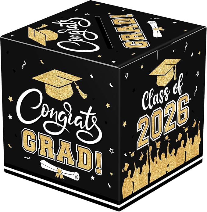 Graduation Card Box 2026 - Congrats Grad Card Boxes Holder, Black and Gold Class of 2026 Gift Cards Box for Graduation Decorations 2026 Favors Party Decor Supplies Props, 9x 9 x 9 inches