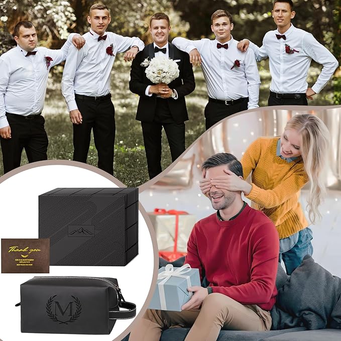 Personalized Gifts Travel Toiletry Bag for Men Engraved Initial PU Leather Waterproof Shaving Bag for Toiletries Accessories Fathers Day Birthday Gift for Men Dad Husband Son, Black H
