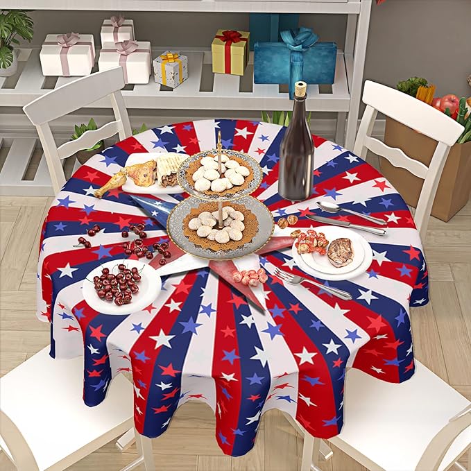 4th of July Tablecloth 70 Inch Round Memorial Day Patriotic Tablecloth Washable Polyester Fabric American Flag Table Cloth Independence Day Table Cover For Dining Room Picnic Kitchen Outdoor Decor