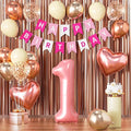 1st Birthday Decorations for Baby Girl, Retro Blush and Hot Pink Party Supplies Set with Happy One Banner, Rose Gold Number 1 Balloon and Foil Fringe Curtains, 1 Year Old Celebration Kit