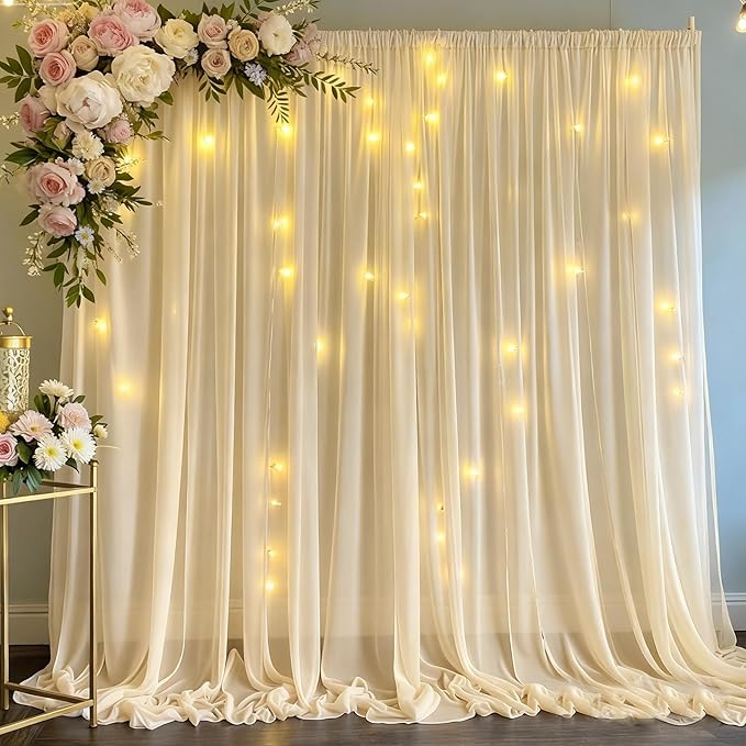Ivory Tulle Backdrop Curtain with Lights Strings, Elegant Sheer Photo Backdrop Drapes 2 Panels, Soft Fabric Curtain for Weddings Brithday Baby Shower Parties Photography Background Decor,10ftx8ft