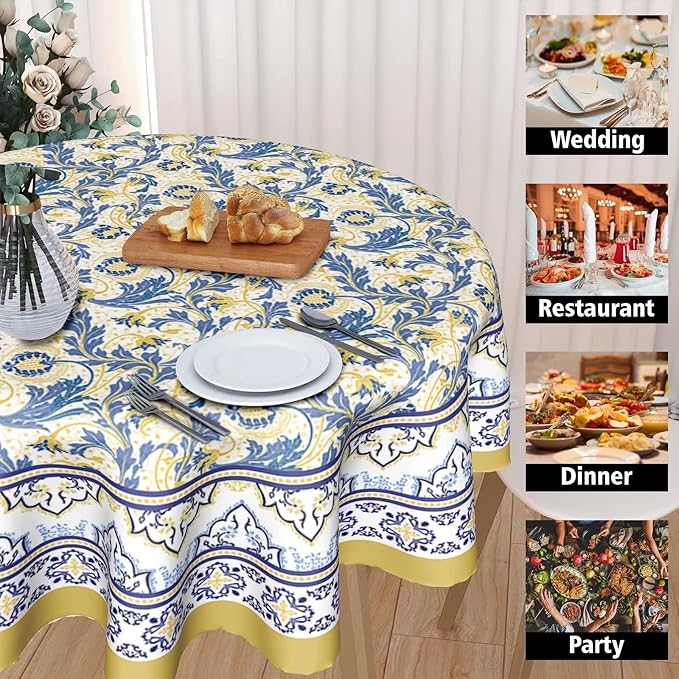 Yellow and Blue Floral Tablecloth Round 60 Inch Farmhouse Boho Tablecloth Spring Summer Fabric Table Cloth With Wrinkle Resistant For Kitchen Holiday Picnic Party Dinner Room Indoor Outdoor Decor