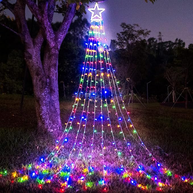 FUNIAO (New Christmas Lights, Outdoor Christmas Decorations, 320 LED Waterfall String Lights, 8 Light Modes Chrsitmas Lights with 12" Star Tree Topper for Yard, Wedding, Party, New Year (Multicolor)
