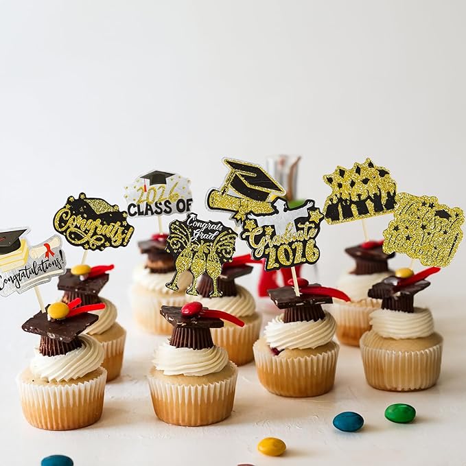 Gyufise 36Pcs 2026 Graduation Cupcake Toppers Glitter Class of 2026 Diploma Graduation Cap Cupcake Picks Class of 2026 Cake Decorations for 2026 Grad Theme Party Supplies