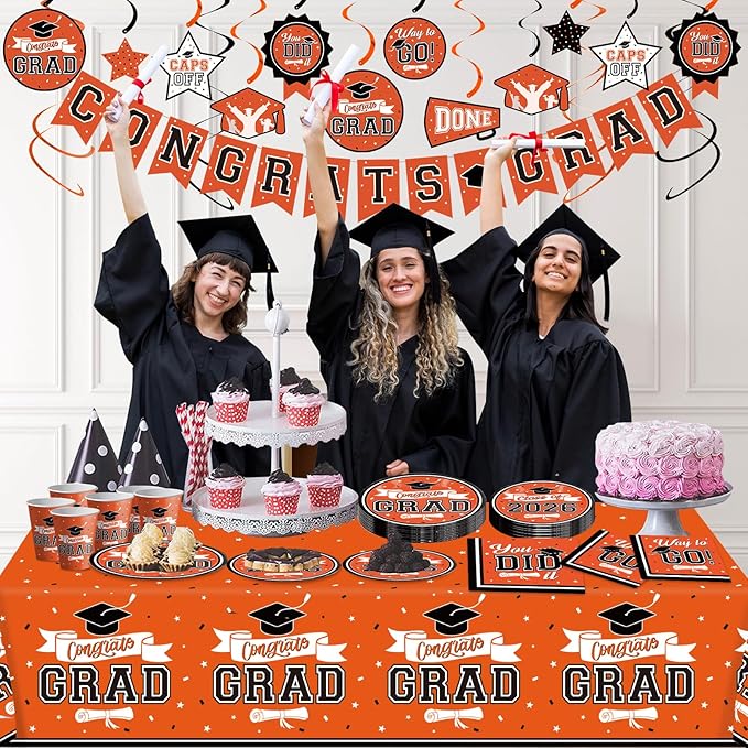 DAZONGE 2026 Orange Graduation Decorations, 265pcs Disposable Graduation Decorations, Class of 2026 Grad Party Supplies for 50 Guests, Tableware Set, Congrats Grad Banner and Hanging Swirls