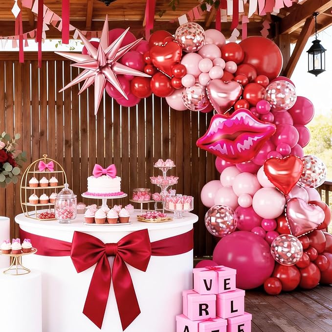 Pink and Red Valentines Balloons Garland Arch Kit, Valentine Red Heart Balloons Lips Balloon for Women Girls Galentines Day Anniversary Birthday Bridal Shower Romantic Valentine Day Decorations