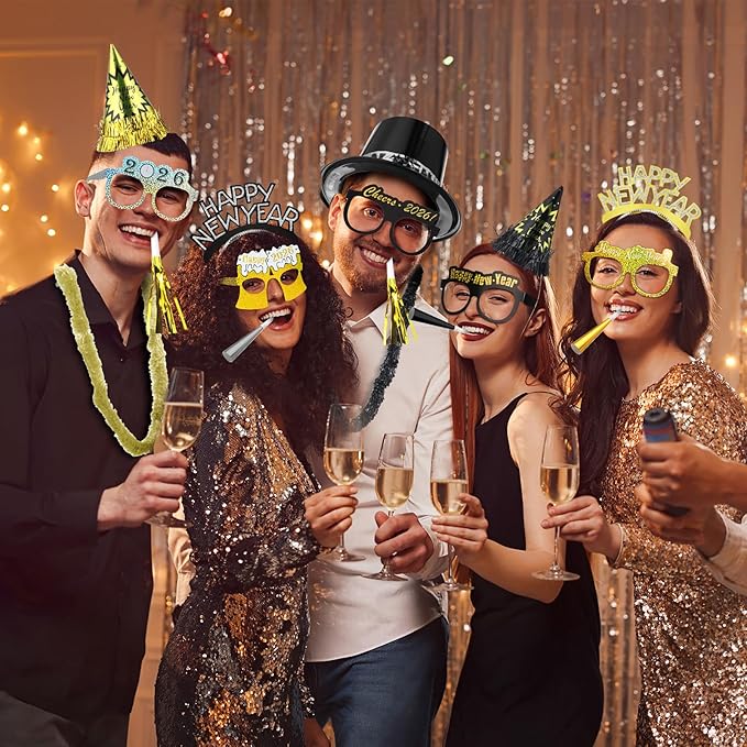 402 Pcs 2026 New Year's Eve Party Supplies for 100 Guests Includes Top Hats Cone Hats Tiaras Glasses Horns Squawkers Blowouts Bead Necklaces Lei Necklace Happy New Year