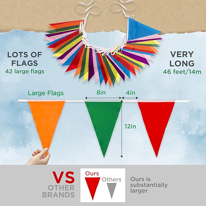Premium Reusable Pennant Banner Flags - Multicolor Pennant Flag Banner - Outdoor Party Decorations, Rainbow Birthday Decorations, Field Day, Grand Opening, Carnival Theme Garland (46ft,42 Large Flags)