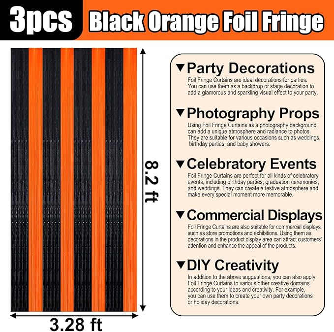 3 Pack Black Orange Foil Fringe Curtain Backdrop, 3.28Ft x 8.2Ft Metallic Tinsel Foil Fringe Streamer Curtains for Photo Booth, Mother's Day, Easter, Birthday, Wedding Party Decorations