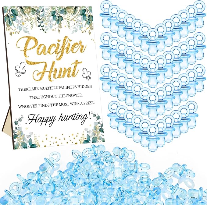 Thyle 51 Pcs Greenery Theme Pacifier Hunt Baby Shower Games Include Blue Hunt Sign and 50 Acrylic Pacifiers for Greenery Eucalyptus Baby Shower Game Decoration Gift Sets Gender Reveal Party Decor