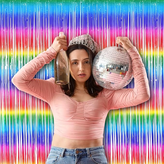 BRAVESHINE Tinsel Foil Curtains - 2 Pack Colorful Party Streamers Fringe Backdrop for Valentines/Easter/Doorway/80s/90s/Dance/Bachelorette/Engagement/Rainbows-theme/Candy/Birthdays Decorations