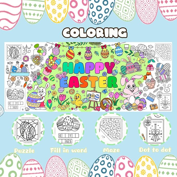 Easter Giant Coloring Poster/Tablecloth, Crafts for Kids, 30 x 72 Inches Jumbo Coloring Banner, Versatile Paper Table Cover for Easter Party Favors, Wall Decoration