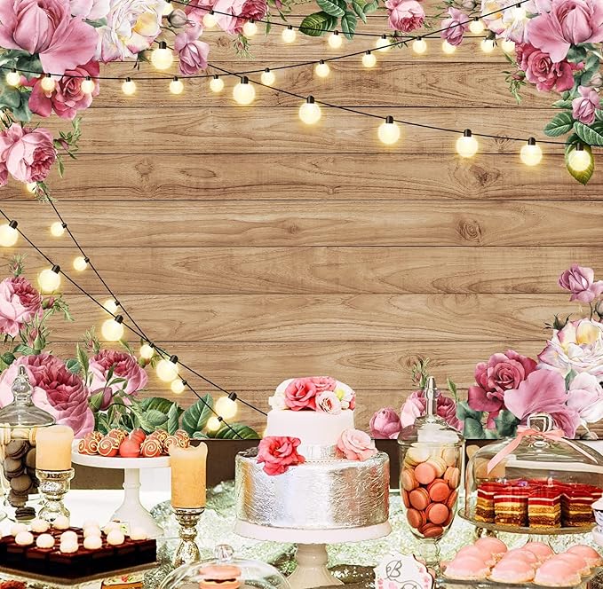 Rustic Wood Floral Birthday Backdrop Spring Pink Flower Wood Glitter Happy Birthday Photography Background Women Girl Newborn Kids Adult Birthday Party Wedding Decoration Photo Shoot Props 7x5FT