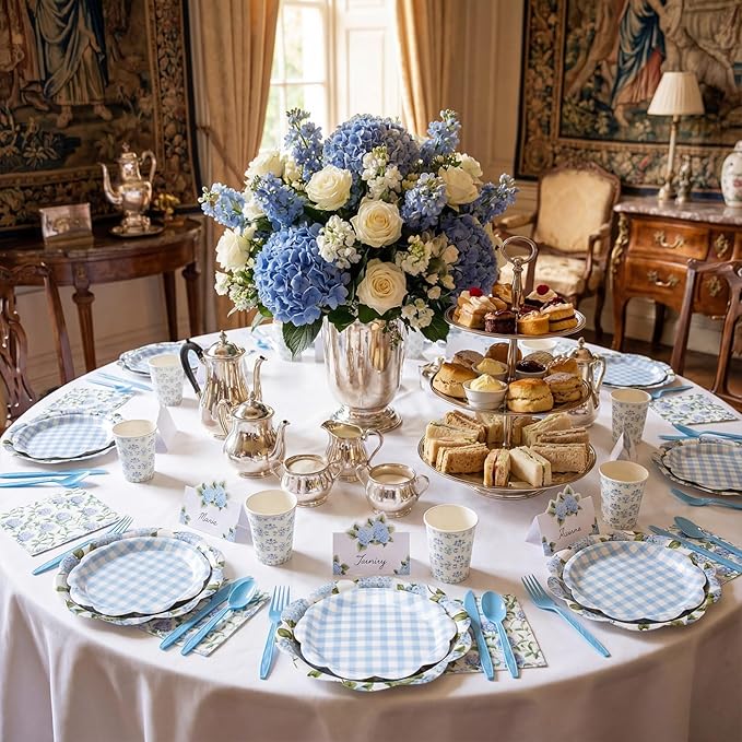 Shellwei 410 Pcs Blue Hydrangea Tea Party Decorations Elegant Floral Paper Plates and Napkins Set Disposable Party Tableware Sets with Cups Knives Forks Spoons Seat Card Favors for 50 Guests