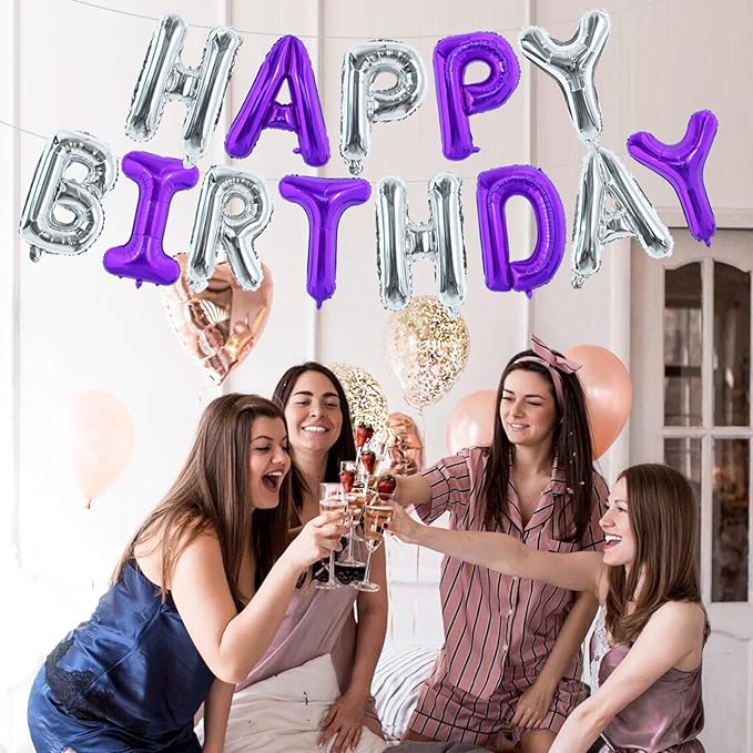 TONIFUL Happy Birthday Balloons with Ribbon Straw, 16 Inch Mylar Letters Balloons Sign Banner Bunting Reusable for Girls Boys Kids & Adults Party Decorations Supplies（Purple Silver）