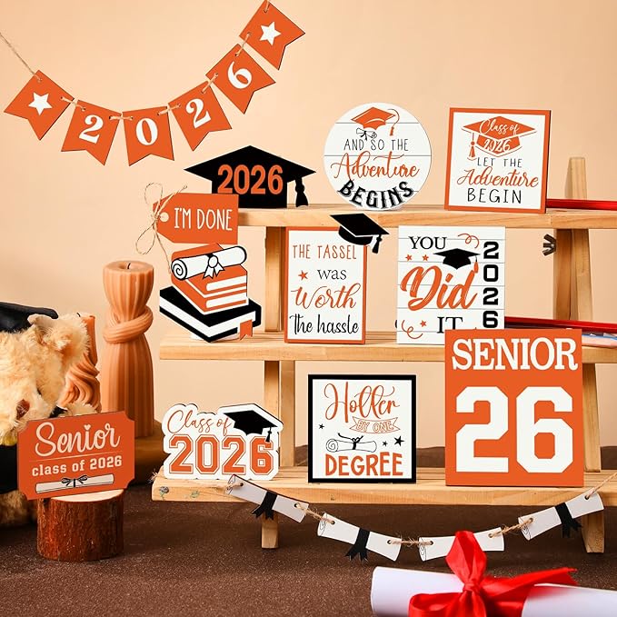 22 Pcs 2026 Graduation Tiered Tray Decor Sets Wooden Graduation Class of 2026 Table Decorations Senior 2026 Gown Diploma Farmhouse Signs for Home Shelf Party Office Desk(Orange)