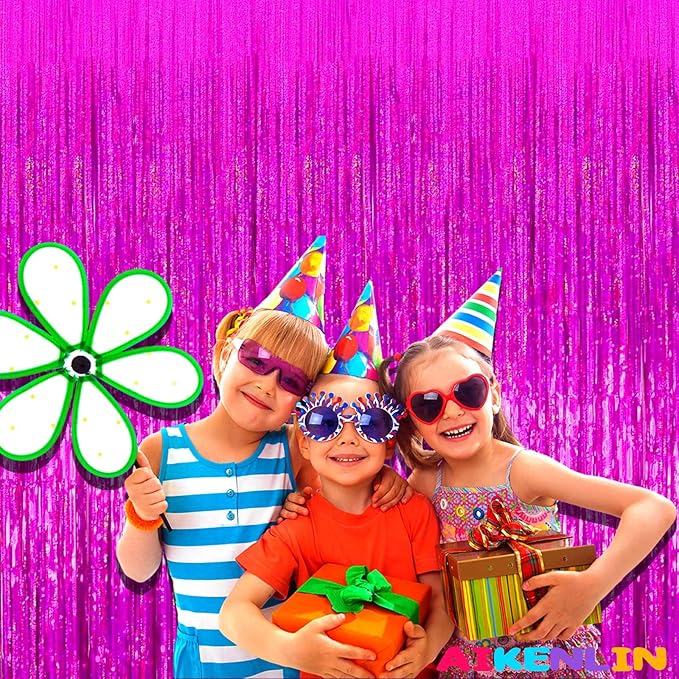4 Pack 3.2Ft x 8.2Ft Fuchsia Foil Fringe Curtain Backdrop, Metallic Tinsel Foil Fringe Streamers Curtains Background for Photo Booth, Birthday, Wedding, Disco, Bachelorette, Christmas Party Decoration