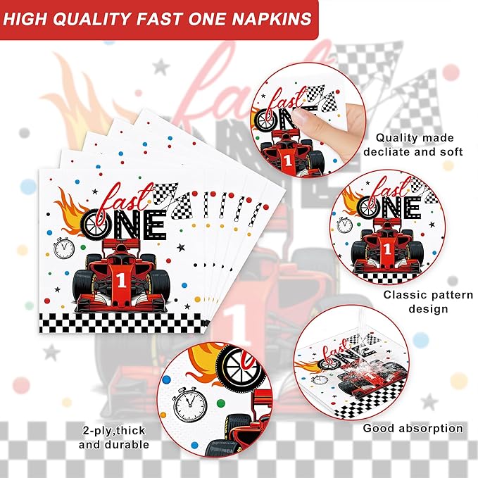 120 Pcs Fast One Birthday Decorations Race Car 1st Birthday Plates and Napkins Tableware Sets Racing Car First Party Decorations for Kids Boys 1 Years Old Party Supplies Serves 20
