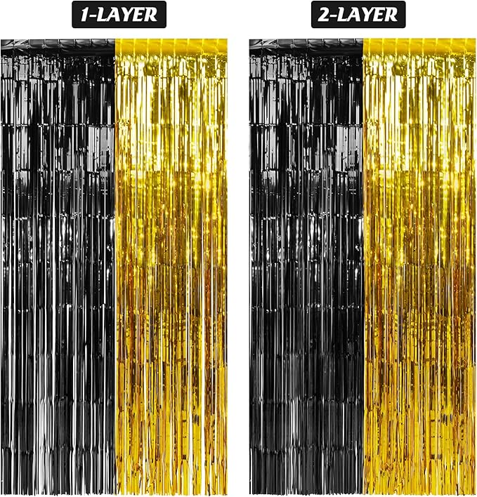 6Pack 3.3Ft x 6.6Ft Graduation Foil Fringe Curtain Backdrop Decorations, Black Gold Metallic Tinsel Foil Streamers Curtain Photo Booth Background for Graduation Prom Wedding Birthday Party Decorations