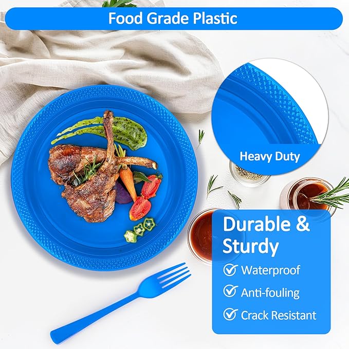 200pcs Blue Plastic Party Plates Party Supplies, 50Pcs Disposable Royal Blue Dinner Plates and Napkins, Cups & Cutlery Dark Blue Party Decorations for July 4th, Graduations, Birthday