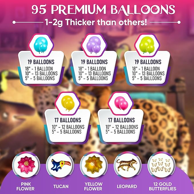 ALL-IN-1 Maribel Encanto Balloons Garland Decorations Arch Kit with BONUS Leopard for Encanto Birthday Party Supplies – Small and Large Purple, Teal, Yellow, Green, and Pink Balloons – Gold Butterfly