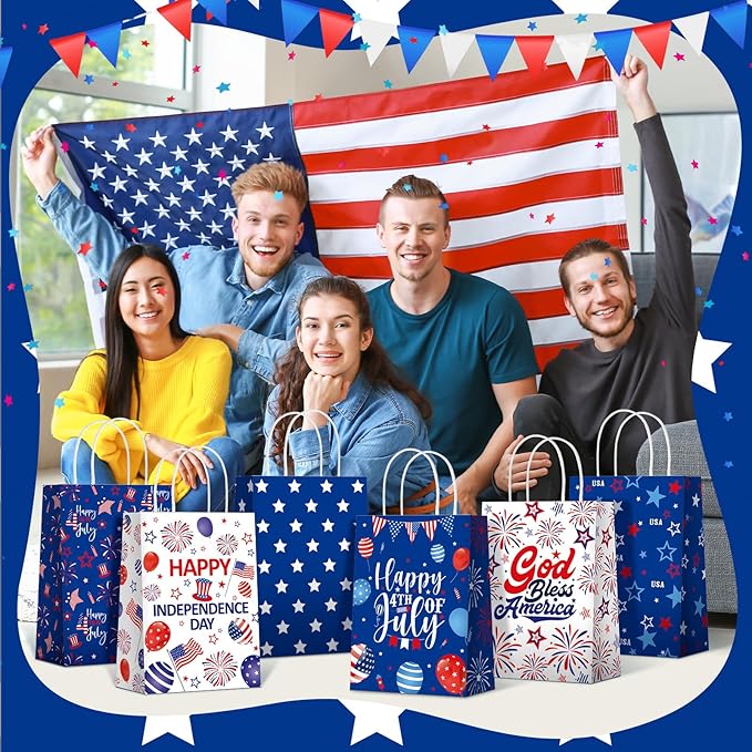 24 Pcs Patriotic 4th of July Gift Bags with Handle American Flag Party Favor Bags Memorial Day Treat Goodie Boxes for 250th Anniversary Independence Day Veterans Red White and Blue Supplies