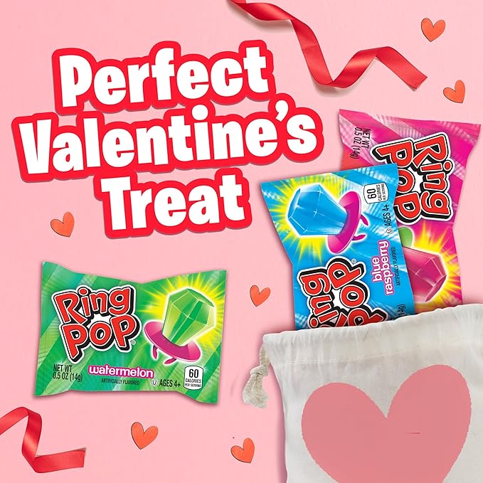 Ring Pop Candy,Valentine's Lollipops,20 Ct Party Favors in Assorted Fruity Flavors - Full Size,Fun Hard Candy For Birthday Parties,Valentine's Gifts,Goodie Bags,Party Favors,(Pack of 2)
